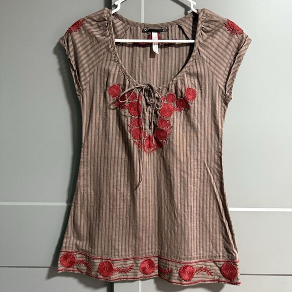 Free People Women Embroidered Scoop Neck Short Sleeve Stripe Top Brown 0 Boho - Picture 1 of 6